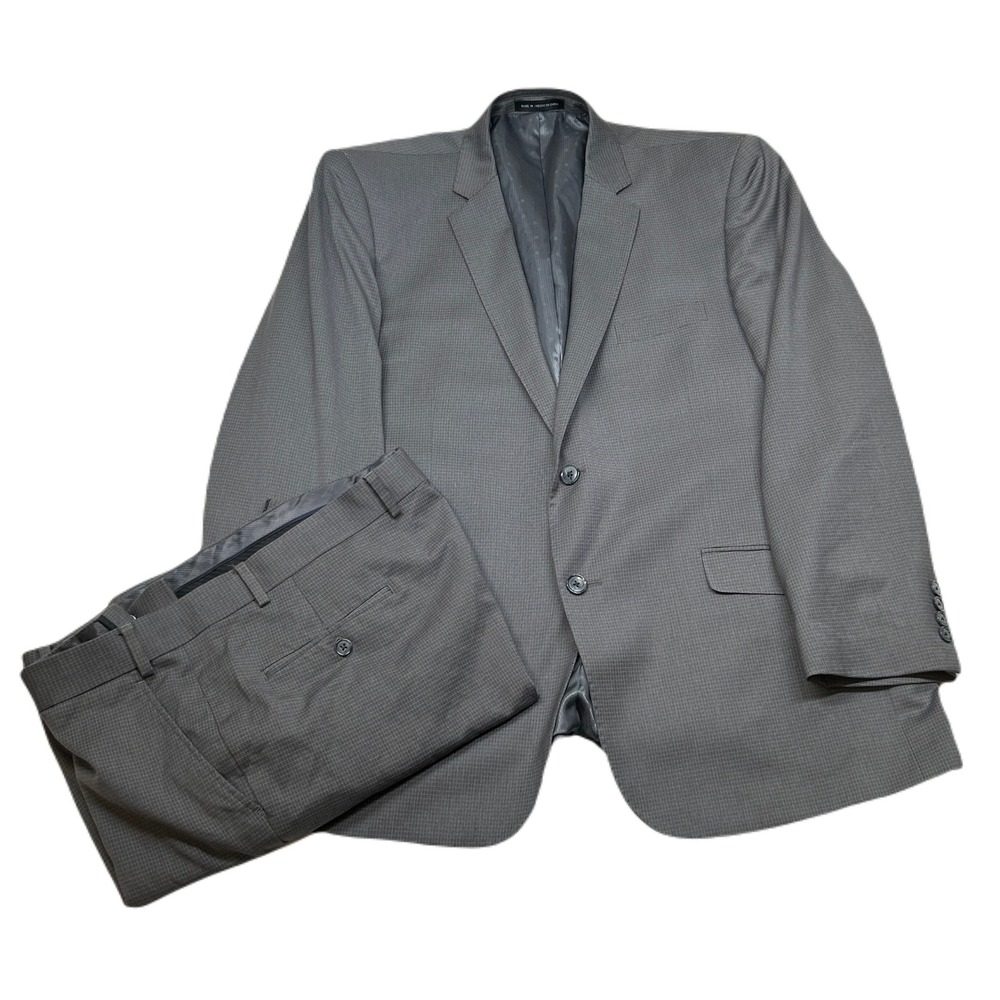 Perry Ellis Slim Fit Suit Mens 48R 2 Piece‎ Pants 42x30 Gray Geo Check Stretch